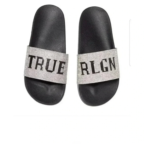 True Religion Size 11 Women's Meyer Studded Bling Silver Black Slip On Slides - Picture 1 of 12